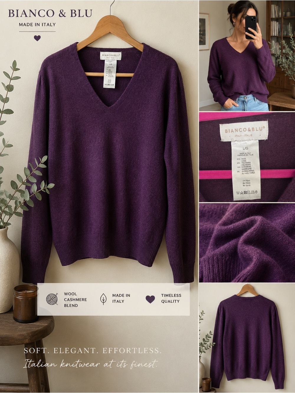 Bianco&Blu | Italy | Wool Cashmere Blend Sweater | V-Neck | Large - Picture 2 of 3